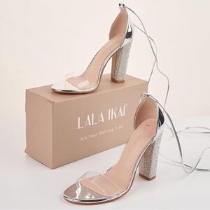 Women's Chunky High Rhinestone Heeled White Silver wrap Tie Heels